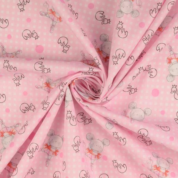 Baumwoll Druck kleine Mäuseballarina auf Rosa